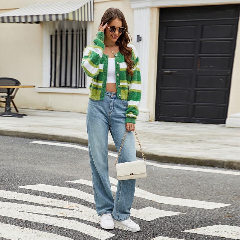 Women Elegant Striped Knitted Cardigan Fashion Sweet Casual Colorblocked Crew Neck Sweater