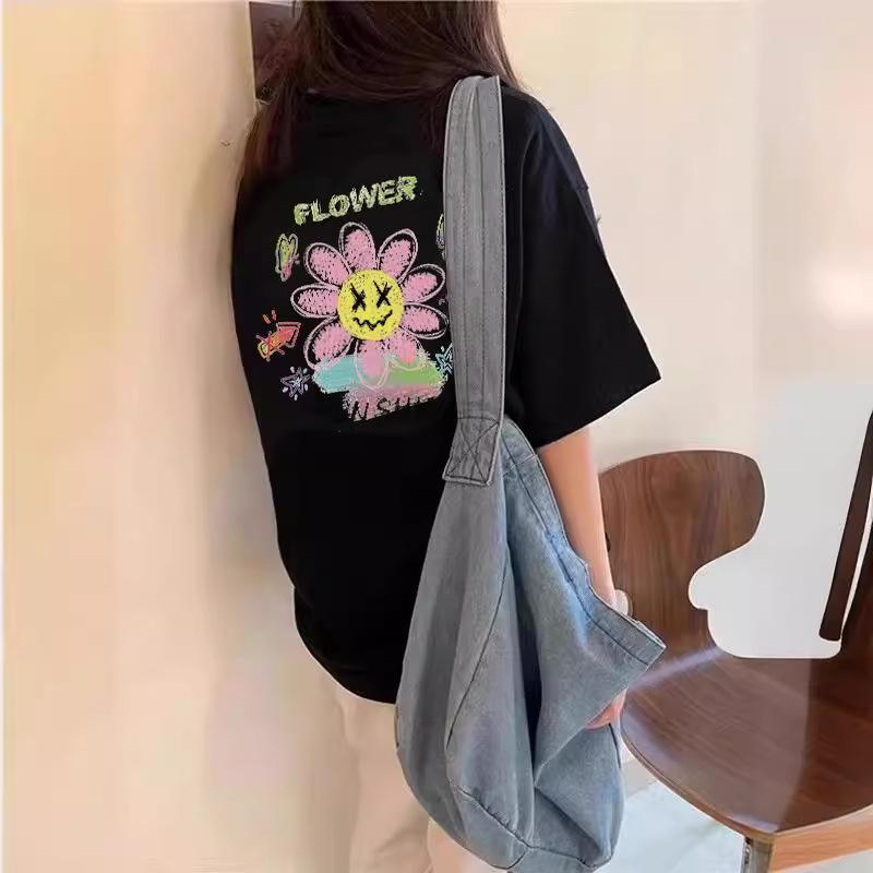 

White short-sleeved t-shirt women s loose 2025 summer new sun sunflower graffiti print cotton half-sleeved top S