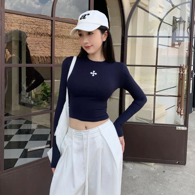 2025 Autumn/Winter Retro Cross Long Sleeve Round Neck Cropped Slimming Women's T-shirt