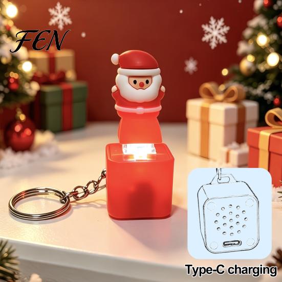 LED Festive Sound Pendant Santa Light Keychain, Interactive Glowing Christmas Ornament with Tunes, Holiday Sensory Play Tool USB-C Rechargeable Fidget