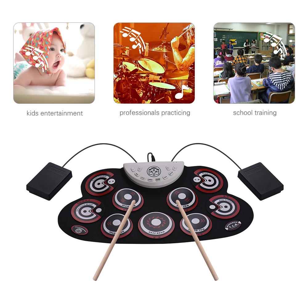 Portable Silicone Drum Pad Electronic Folding Drum Set With Drum Sticks Foot Pedals Cartoon Design