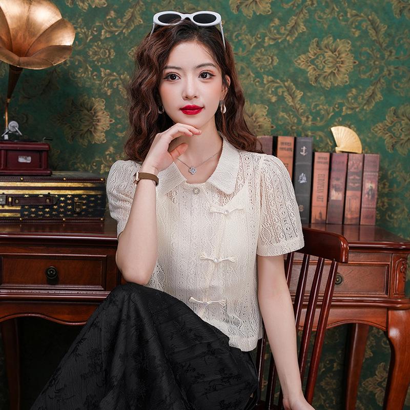 Cămașă de vară 2024 pentru femei, stil chinezesc, perspectivă goală, mânecă scurtă