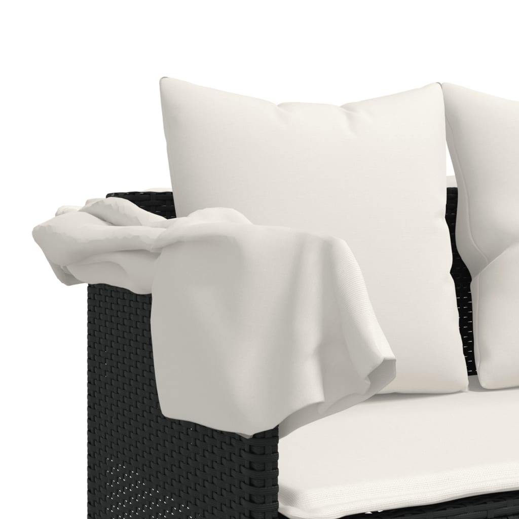 Sun Lounger with Canopy and Cushions Black Poly Rattan