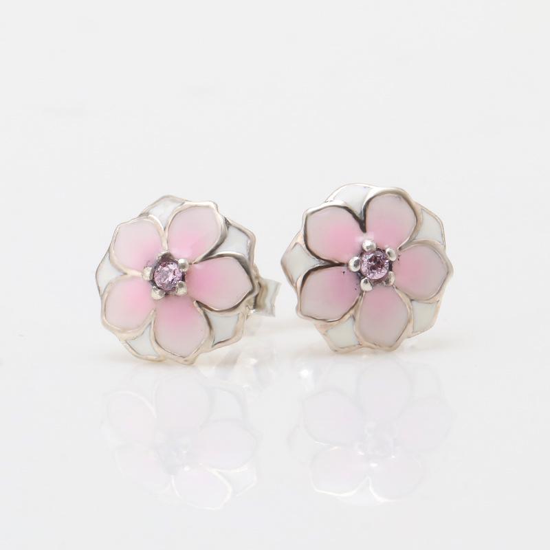 Silver-Plated Magnolia Stud Earrings, Light Luxury Pink Floral Design, Elegant Gift for Women