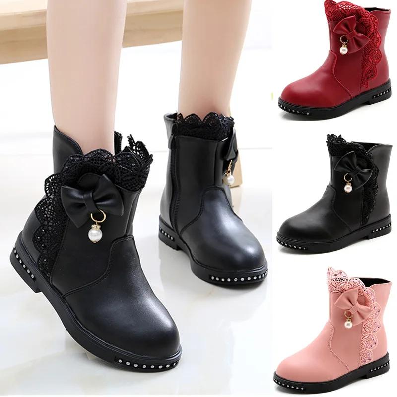 Children Boots for Girls Autumn Winter Warm Cotton Lace Bow-knot Pearls Pendant Princess Sweet Rubber Boots Snow Boots 27-37