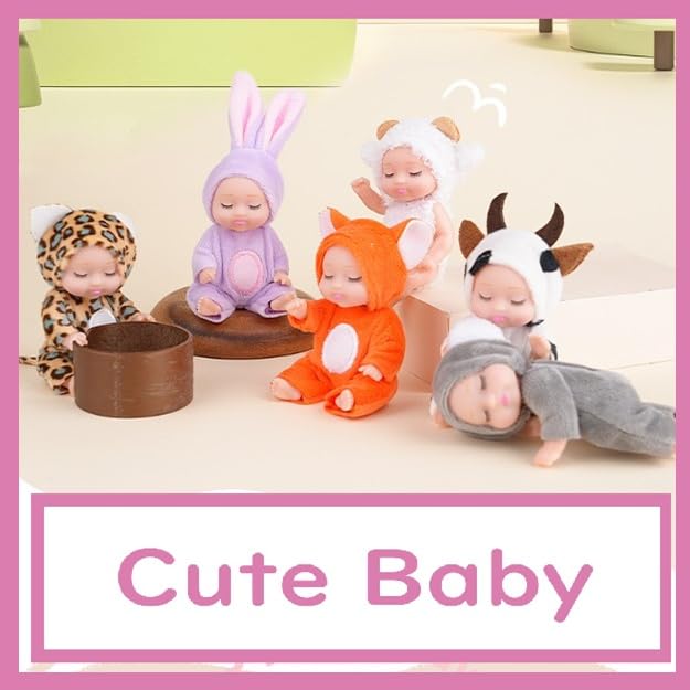 CuteBaby Baby Dolls, Mini Baby Dolls, Set of 6, Reborn Dolls, Cute, Adorable, Animal Costumes, Dress-Up, Gift, Ages 5 and Up, Set C