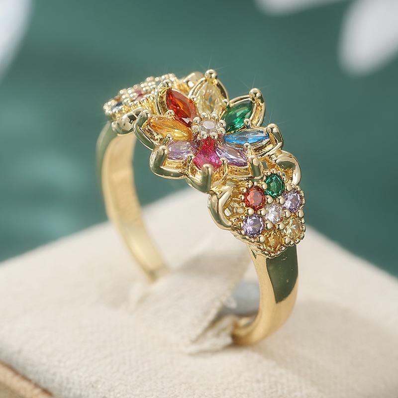 Classic Inlaid Multicolored CZ Women's Ring Trendy Gold Color Geometry Daily Wear Party Jewelry Anniversary Gift