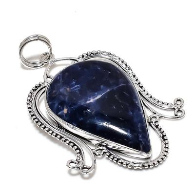 Natürlicher Sodalith-Edelstein, handgefertigt, 925er Sterlingsilber, Anhänger, 7,5 cm, a3q59