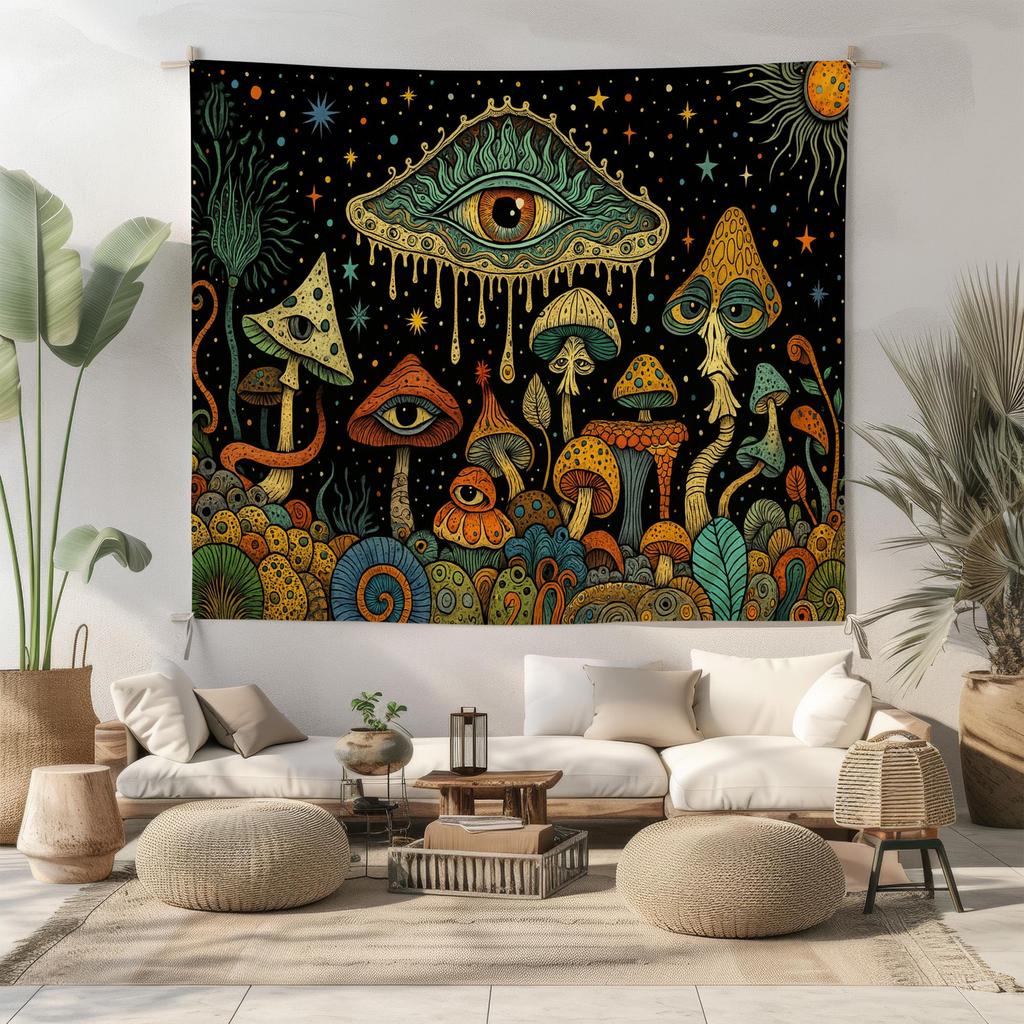 Psychedelic Mushroom Eye Tapestry - Trippy Surreal Wall Hanging Visionary Fungi Decor Boho Shroom Art Cosmic Festival Vibes
