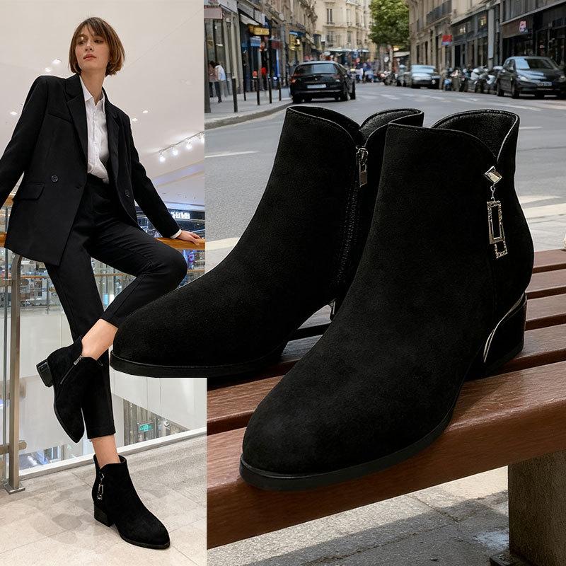 Soft Leather Short Boots Women's New Autumn and Winter Thick Heel Middle Heel Matte Suede Women's Shoes Round Head Velvet Leather Shoes