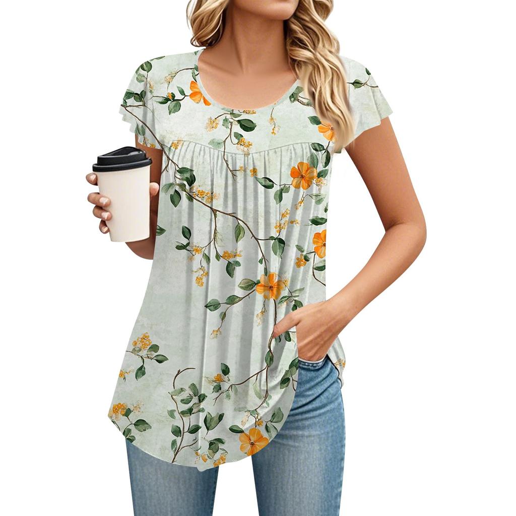 Women's Round Neck Short Sleeve Mid Length T-Shirt Loose Casual Short Sleeve T-Shirt Top