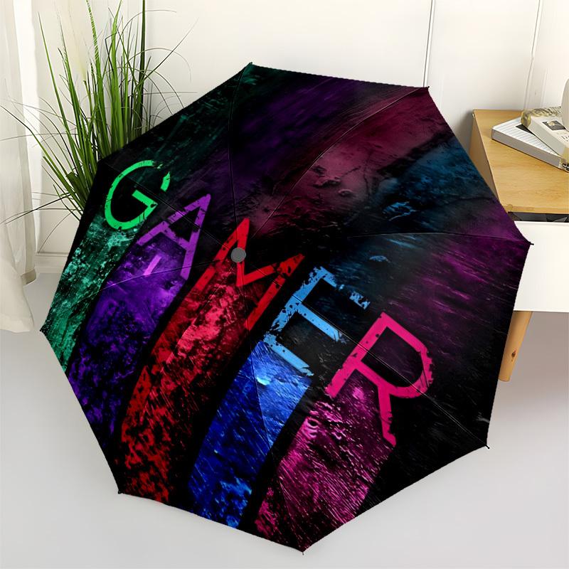 1pc Gamer Youth Automatic Folding Umbrella with 8 Bones, 3-Fold Compact Umbrella, Compact Design On-the-Go Essential, casual outdoor accesso