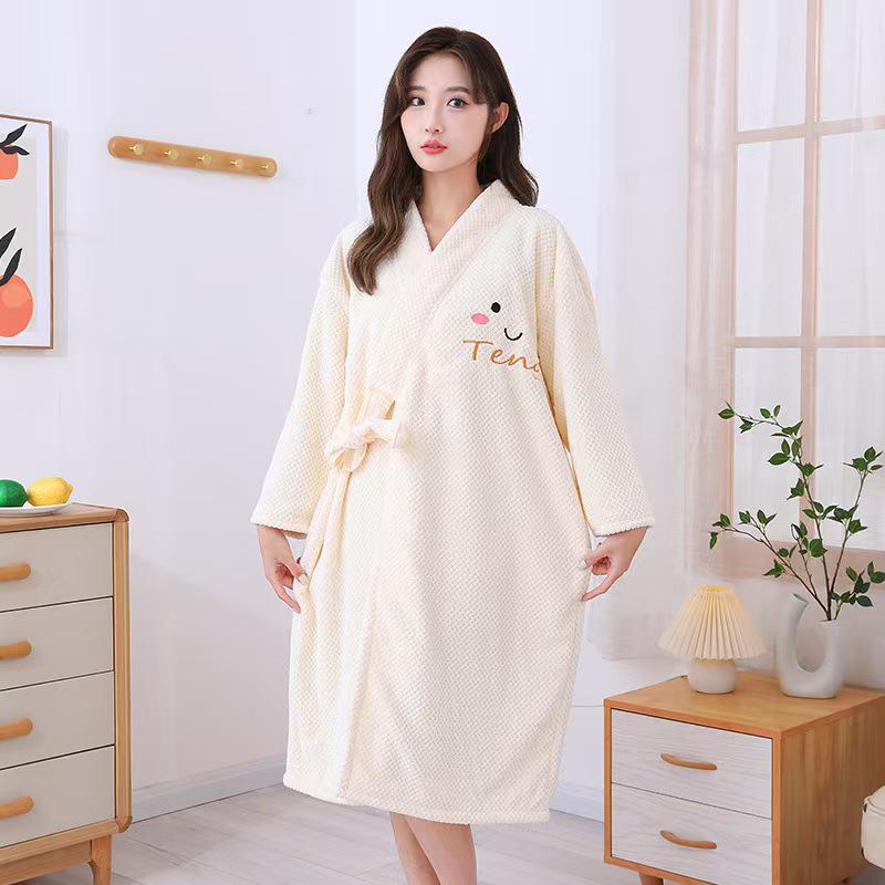 Women's Coral Fleece Bathrobe Set: Long Sleeve Bath Dress and Hair Drying Cap