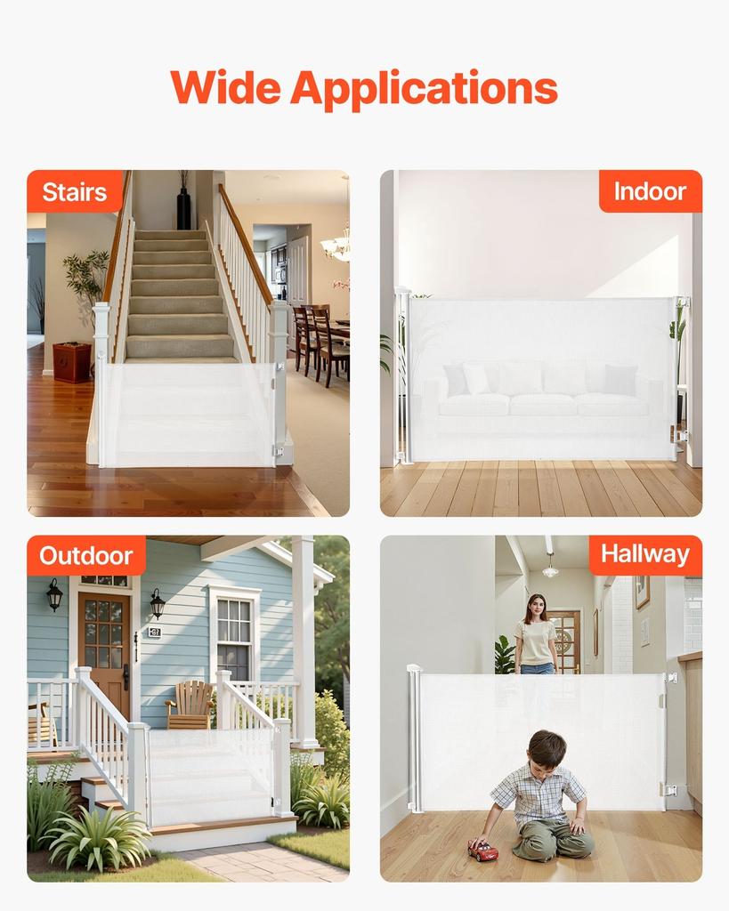 Retractable Baby Gate, Extends To 1450 Mm Wide, 980 Mm Tall, with Security Lock, Easy To Use, Walk Through Without Tripping, Mesh Dog Gate for Stairs,