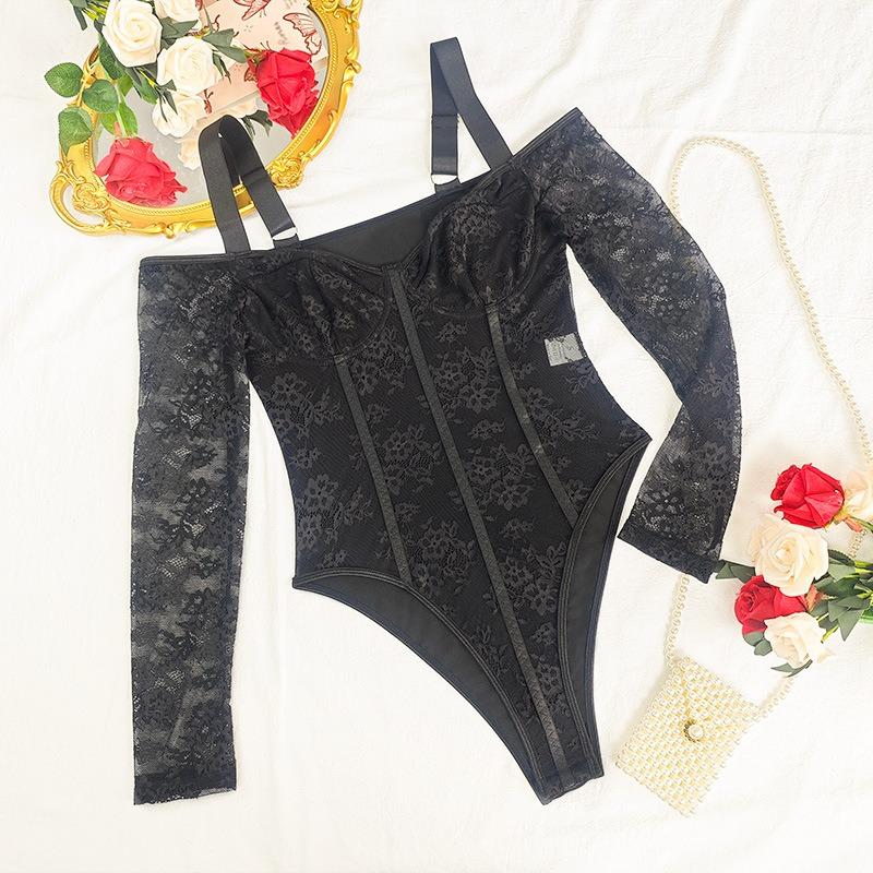 Black Long-sleeved Onesie Women's Lace Three-dimensional Embroidery Off-the-shoulder Party Wear Underwear