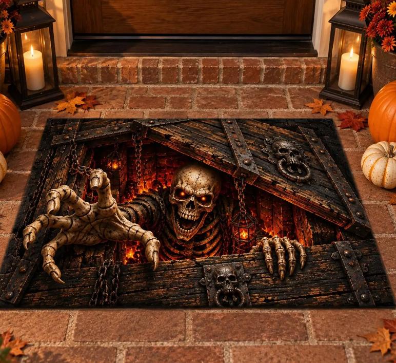 Skeleton 3D Illusion Doormat Halloween Horror Door Mat, Creepy Skull Floor Mat, Spooky Front Porch Decor, Scary Halloween Gift