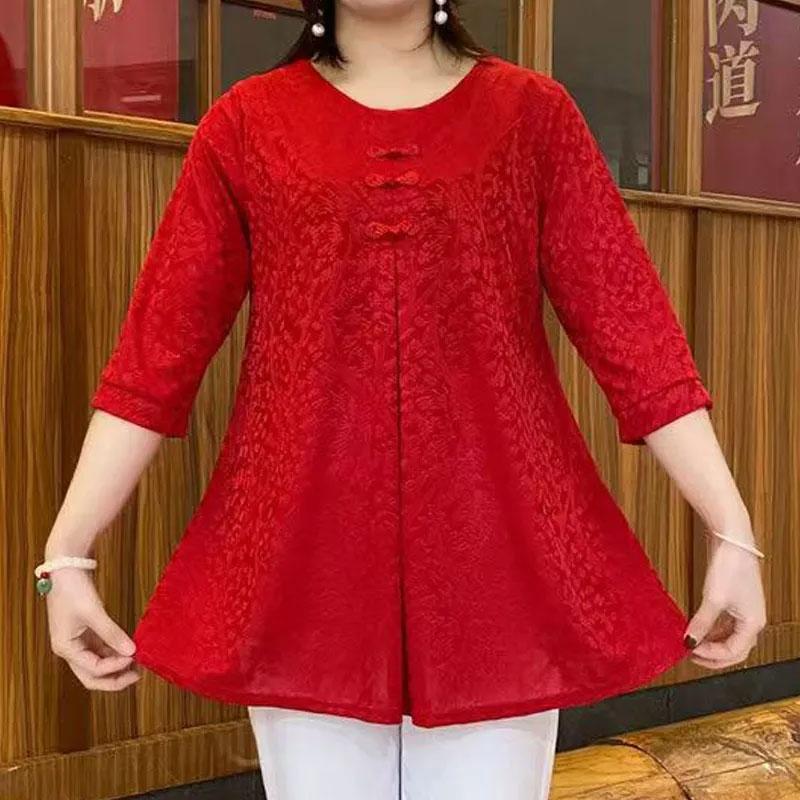 

Повседневная блузка с китайской застежкой-пуговицей, винтажная женская мода, жаккардовое переплетение, весна-осень, круглый вырез, повседневная рубашка с рукавом три четверти 6XL