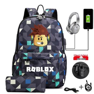 Mochila Masculina para Jogo Roblox com Carregamento USB, Bolsa para Laptop de Grande Capacidade