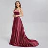 A-line Cowl Neck Prom Dress Satin Gown With Strappy Lace Up Back And High Skirt Slit Floor Length Formal Wedding Long Dresses