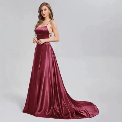 A-line Cowl Neck Prom Dress Satin Gown With Strappy Lace Up Back And High Skirt Slit Floor Length Formal Wedding Long Dresses
