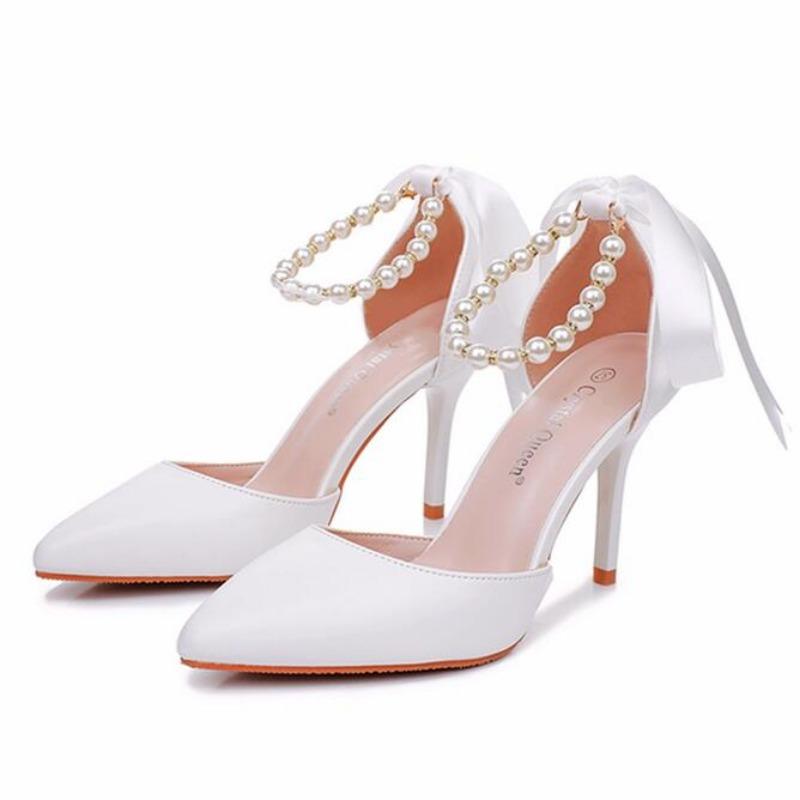 Wedding Heels Women Luxury Brand Design String Bead High Heels Sandals Ladies Sexy Elegant Pointed Toe White Pumps Plus Size 43