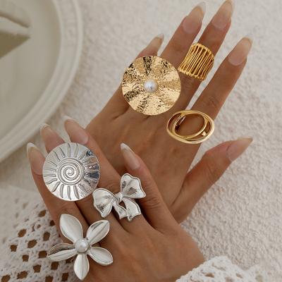 Kalter Wind Bogen Offener Ring, Metall Unregelmäßiger Runder Imitation Perlenblumenring