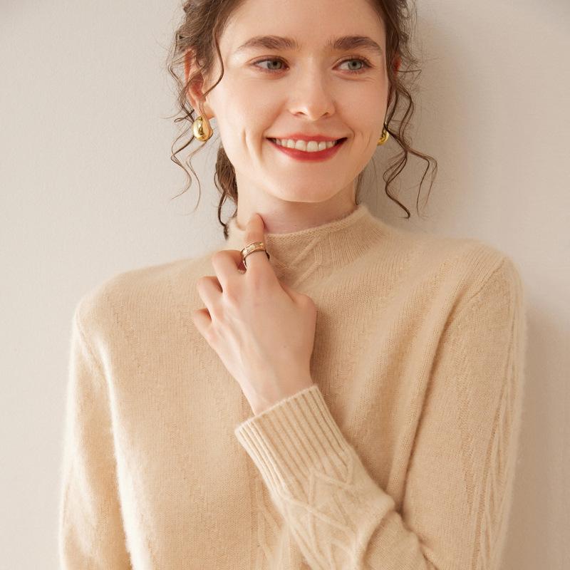 Women's Cable Knit Cashmere Pullover with Built-in Stand-up Collar Base Layer Sweater