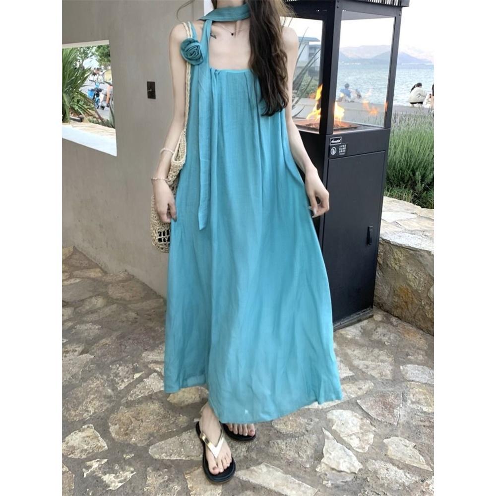 See-blaues Nacken-Schlinge-Kleid Damen Sommer Dopamin Helle Blumen Strandurlaub Strandkleid