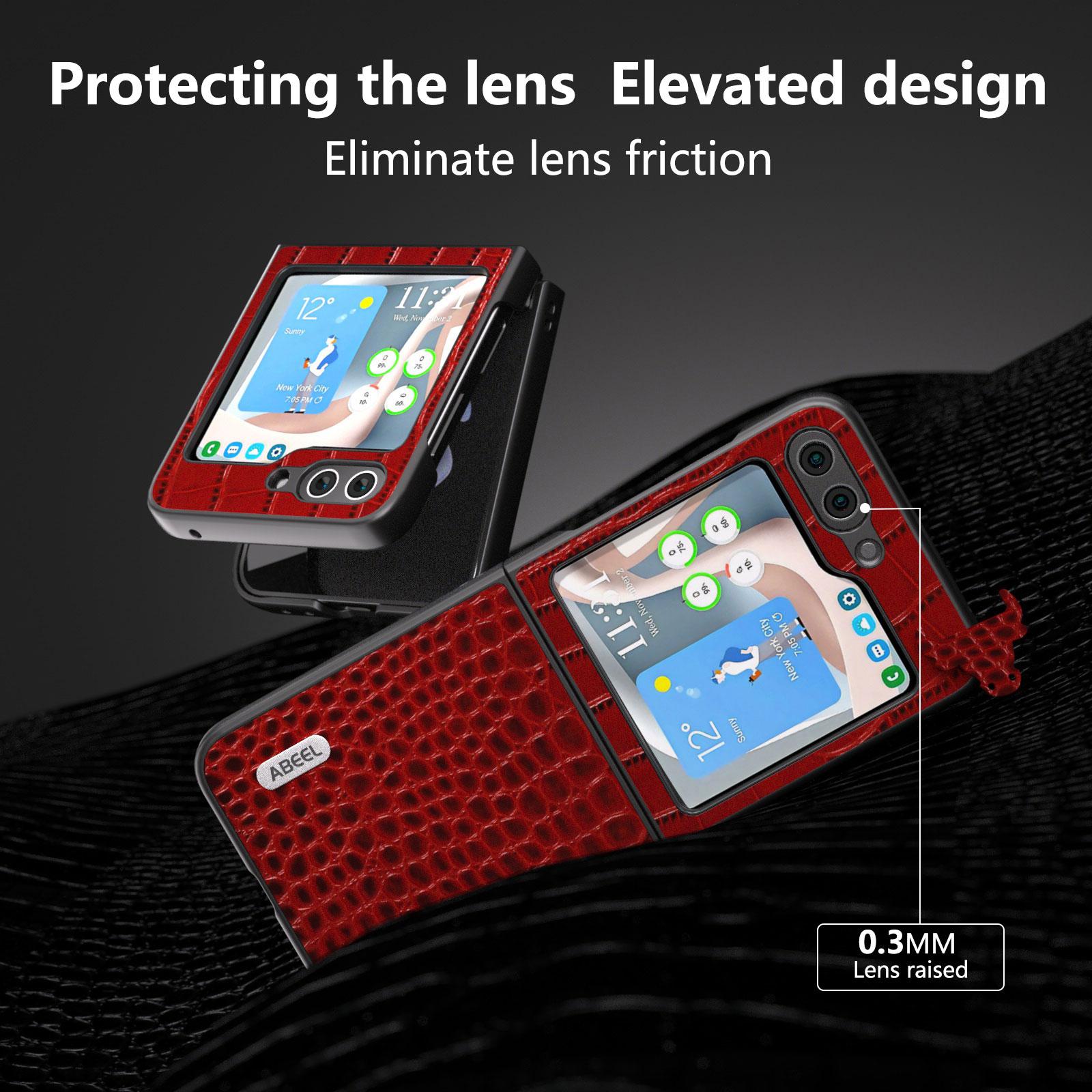 

ABEEL For Samsung Galaxy Z Flip5 5G Crocodile Texture Phone Case Genuine Cow Leather Coated PC Back Cover Red