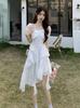 White Square Neck Bubble Sleeve Dress Summer Female French Temperament Waist Thin Irregular Ruffle Edge First Love Dress