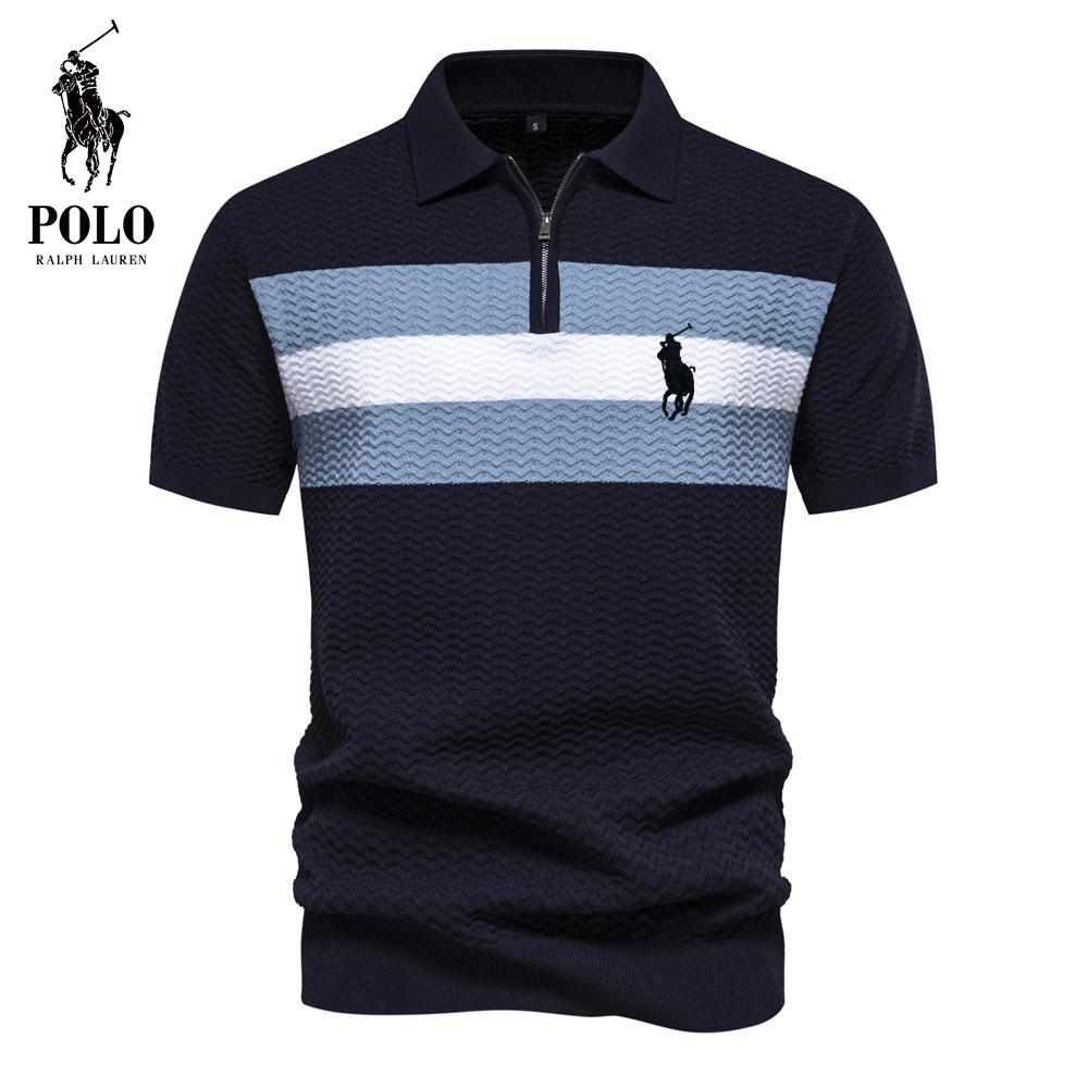 Ralph Lauren 2026 Zomer Nieuw Geborduurd Heren High-end Gestreept Zakelijk Korte Mouwen Dunne en Veelzijdige Kraag Half Rits Korte Mouwen Shirt L