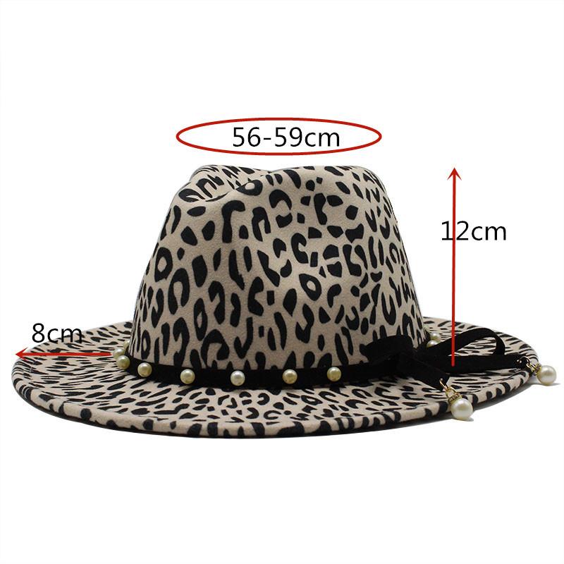 Flat-Brimmed Cornice Hat Leopard Print Pearl Bow Hat Jazz Hat Woolen Top Hat