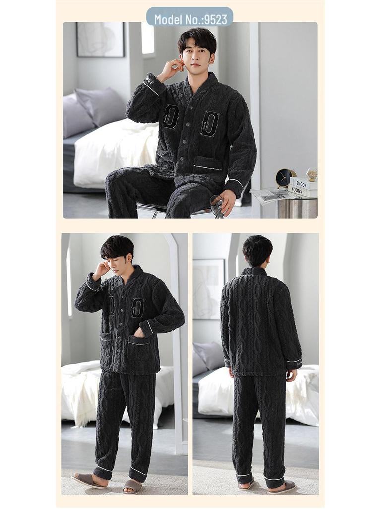 Men's Thick Flannel Pajamas: Warm Coral Fleece Cardigan for Autumn and Winter