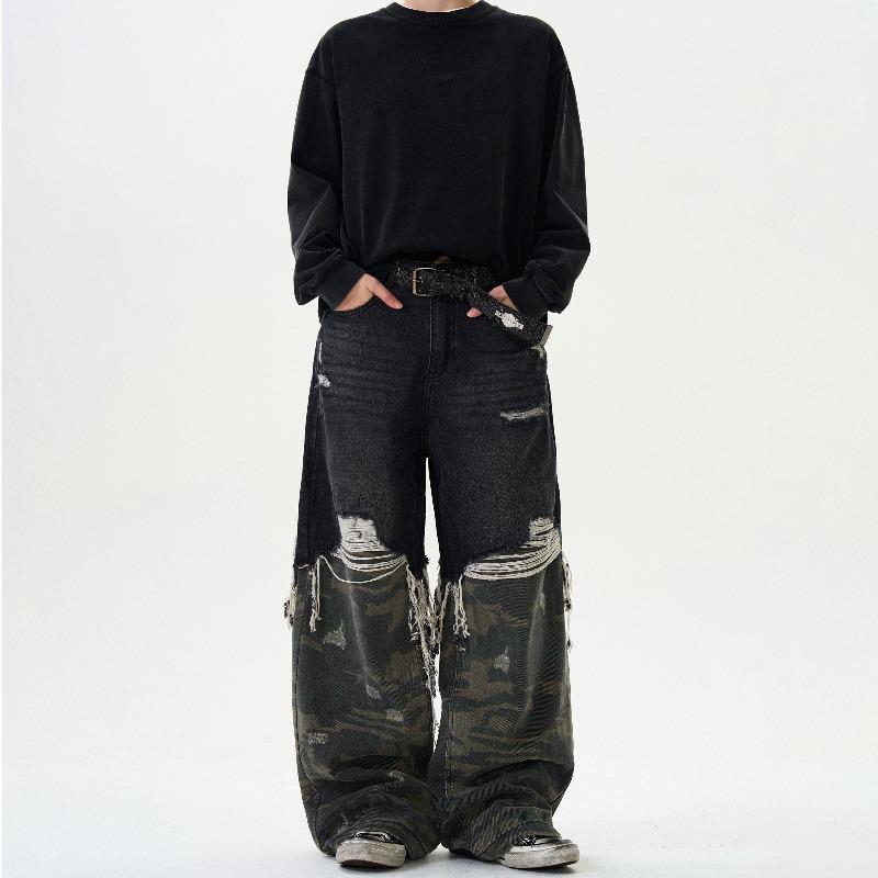 

Unisex Casual Camouflage Patchwork Two-Piece Jeans: Loose Fit, Straight Leg, Trendy Street Style Design Extra Large чорний