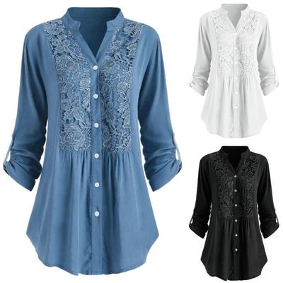 Women Ladies Large Size Button Lace V Neck Long Sleeve Shirt Blous