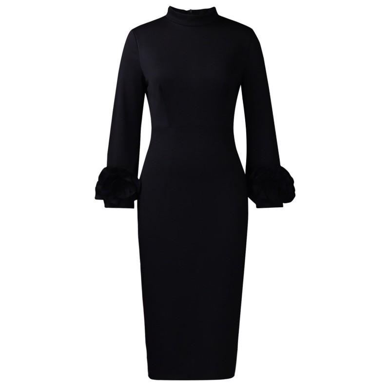 

European American Semi-high Collar Temperament Slim Elegant OL Tongle Long-sleeved Three-dimensional Flower Dress S чёрный