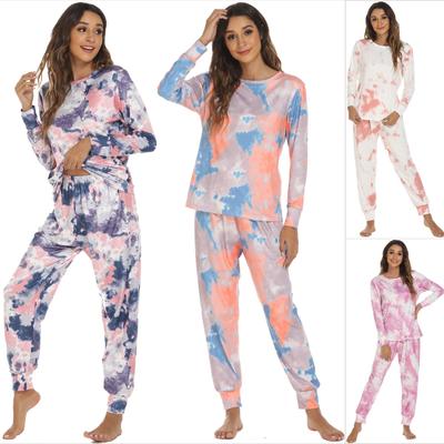 European and American Style Women's Spring Autumn Loungewear 2 Piece Long Sleeve Long Pants Pajamas Set Fashion Tie-dye Home Wear
