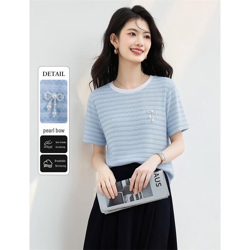 Women s Color-Block Knitted Round Neck Short Sleeve T-Shirt XL