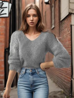 V-Ausschnitt Einfarbig Damen Strickpullover - Imitation Nerz Samt, Lockere Passform für Herbst & Winter