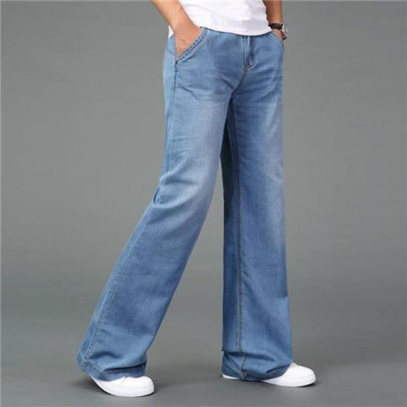 Male Spring and Summer Thin Section Denim Flared Pants Mid-waisted Loose Straight Washed Wide Leg Pants