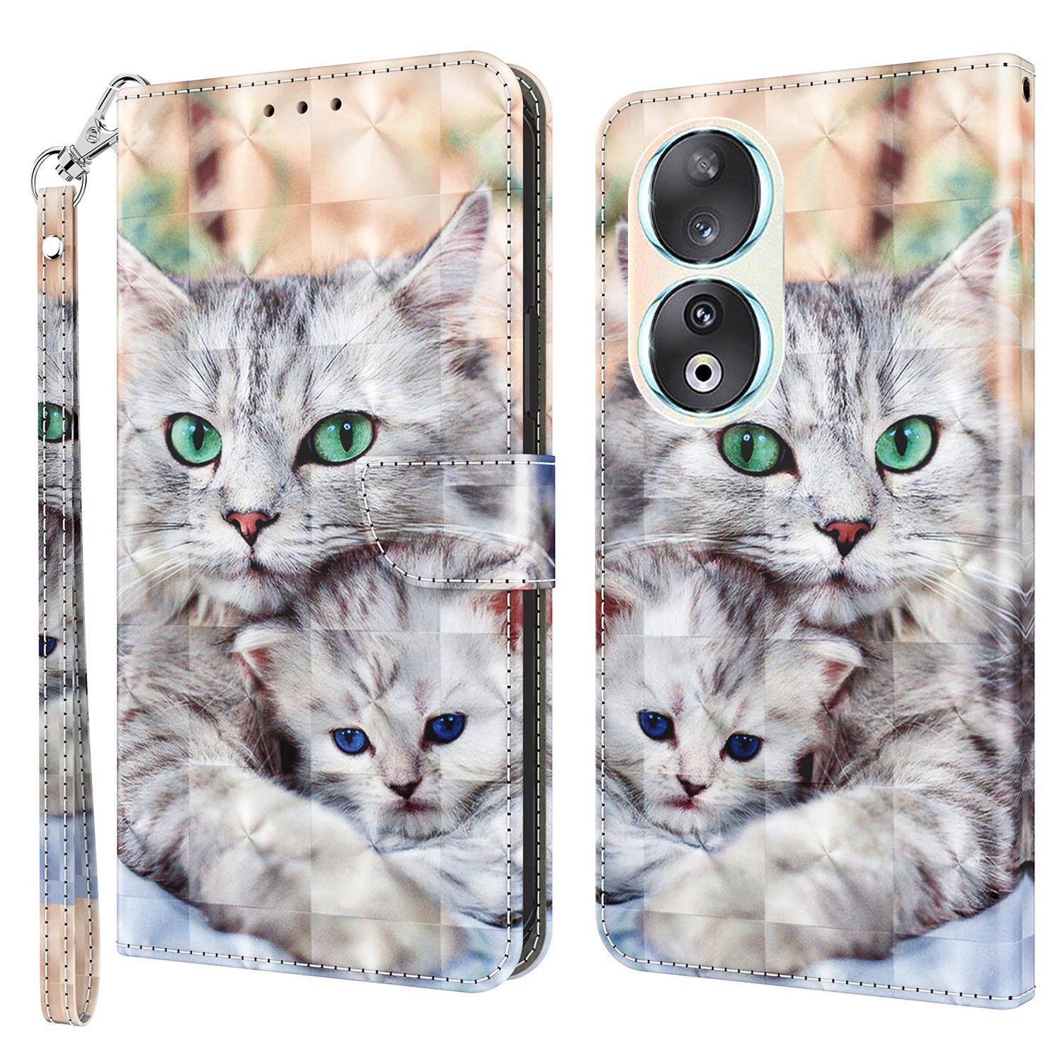 

For Honor 90 Case 3D Pattern Printing Leather Flip Wallet Phone Cover Two Cats