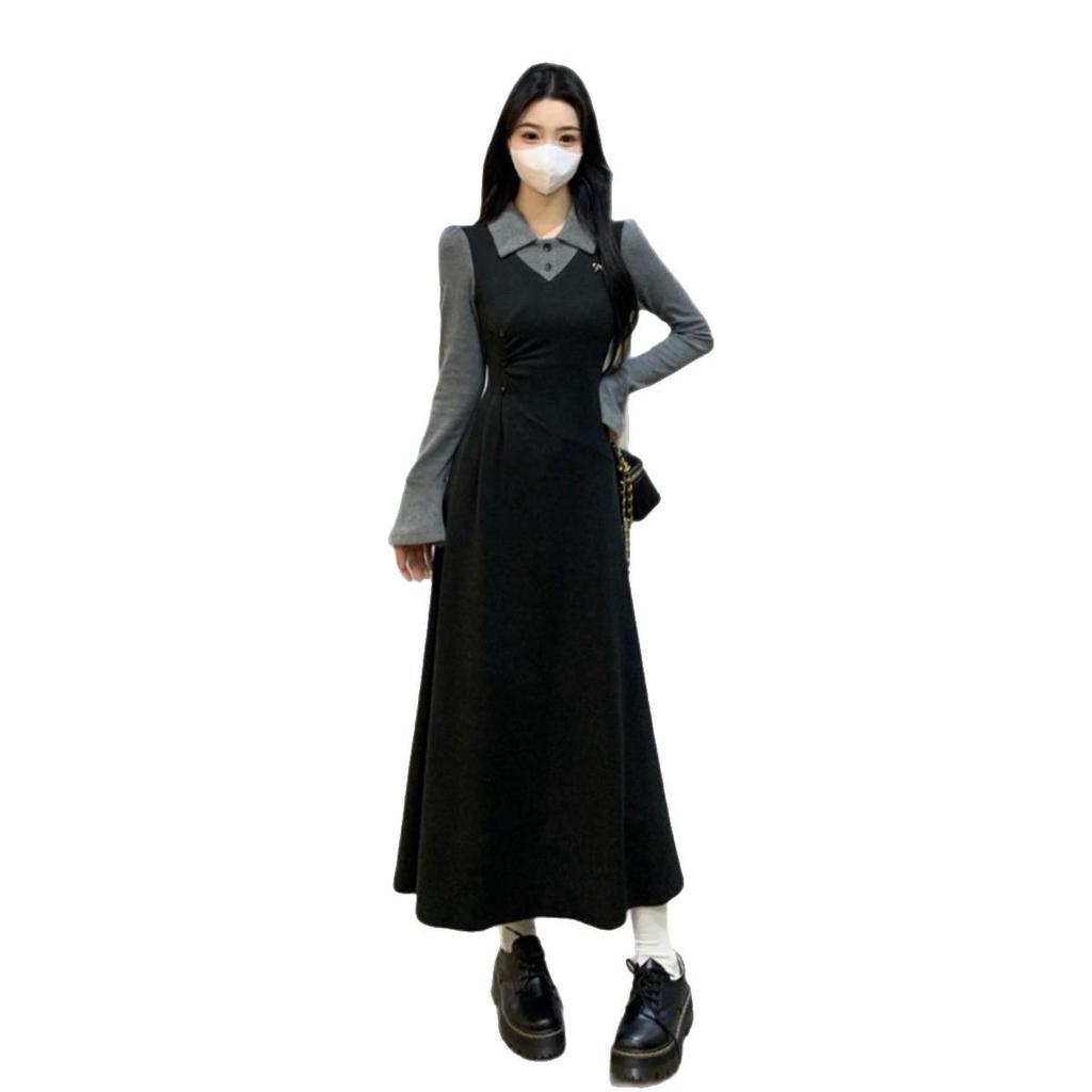 Elegant French Retro Faux Two-Piece Patchwork Dress for Curvy Women - Autumn/Winter Long Skirt.