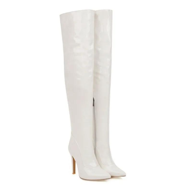 Women Boots Over The Knee Sexy Fashion Boot 10.5CM Stiletto New Patent Leather Side Zipper Pole Dance Nightclub White Women Shoe