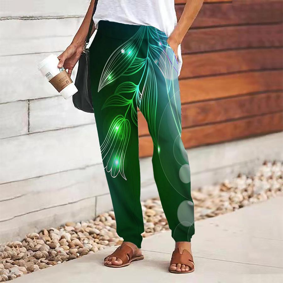 Women Multicolored Printing Pants Lace Up Elastic Waist Loose  Trousers Casual Long Pants Trousers with Pockets
