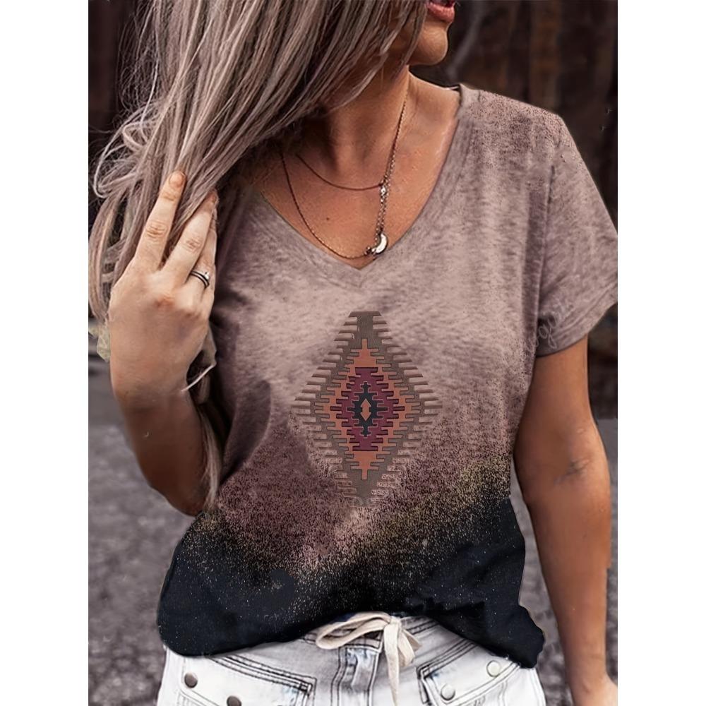 Vintage Geometric-Patterned Women'S T-Shirt | V-Neck, Short Sleeve, High Stretch Fabric, Summer Casual Wear