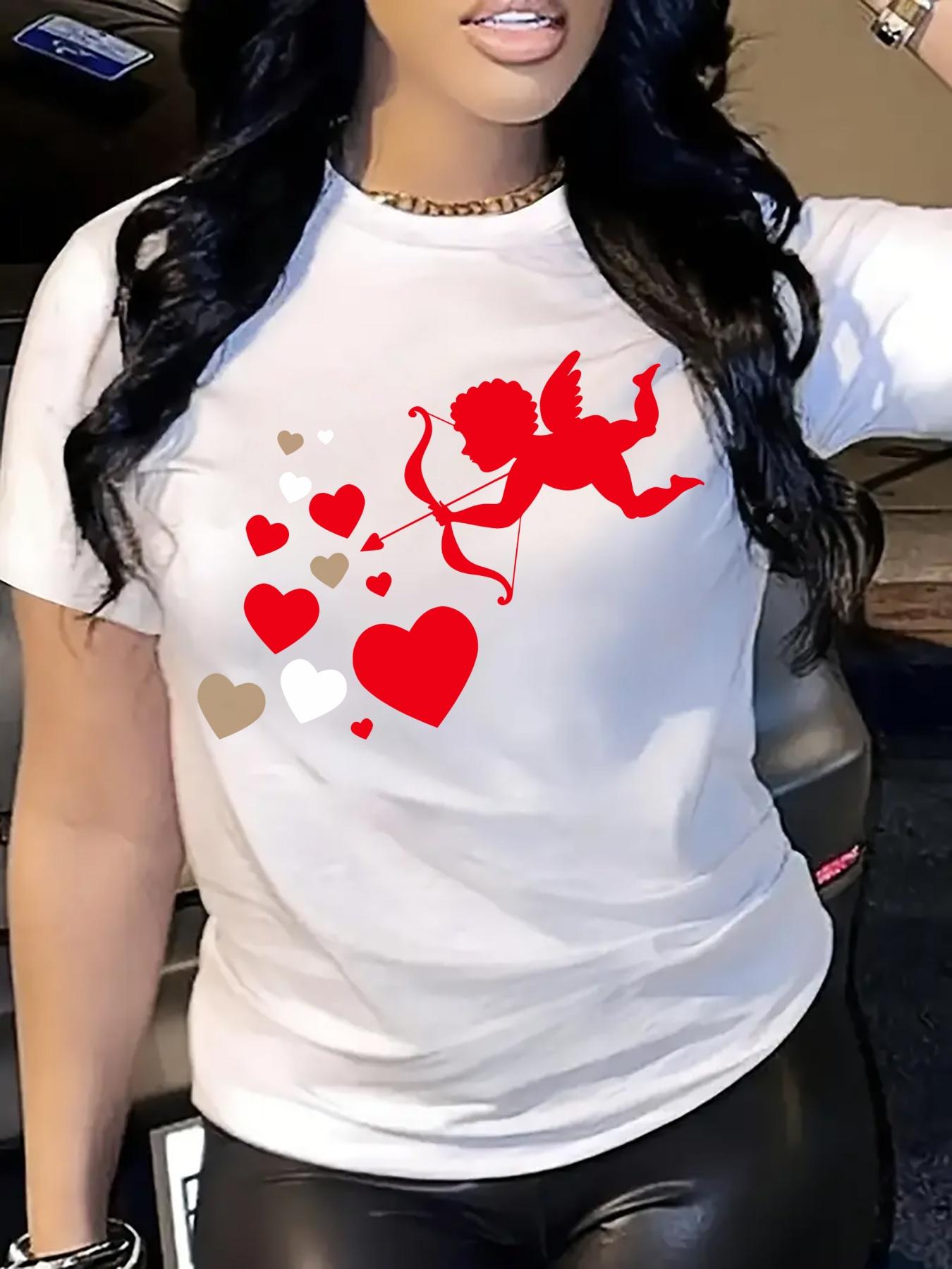

Европейский размер Плюс Размер, 1 шт. Женская футболка с принтом Сердце Амура - Стильная Удобная Футболка с Коротким Рукавом и Круглым Вырезом S белый