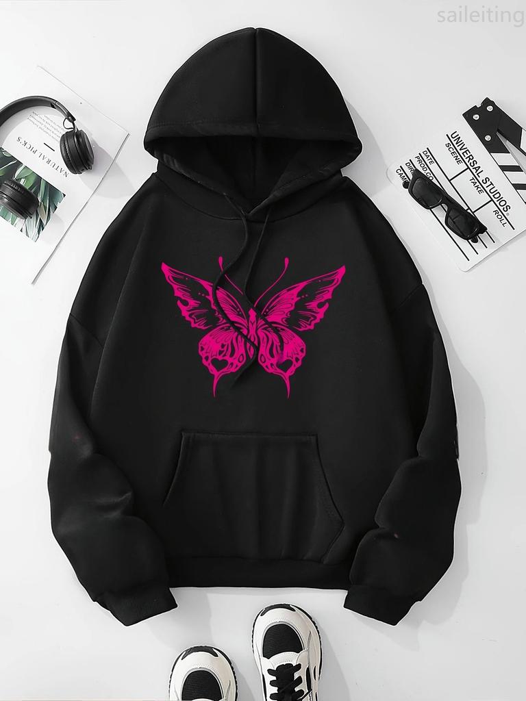 Butterfly and Letter Print Drawstring Hoodie Casual Long Sleeve Kangaroo Pocket Hoodie Women's Clothing Pullover Fashion Y2K