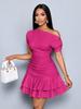 New Dress Summer Popular Women's Clothing Solid Color Slanted Shoulder Slim Ruffle Edge Dress