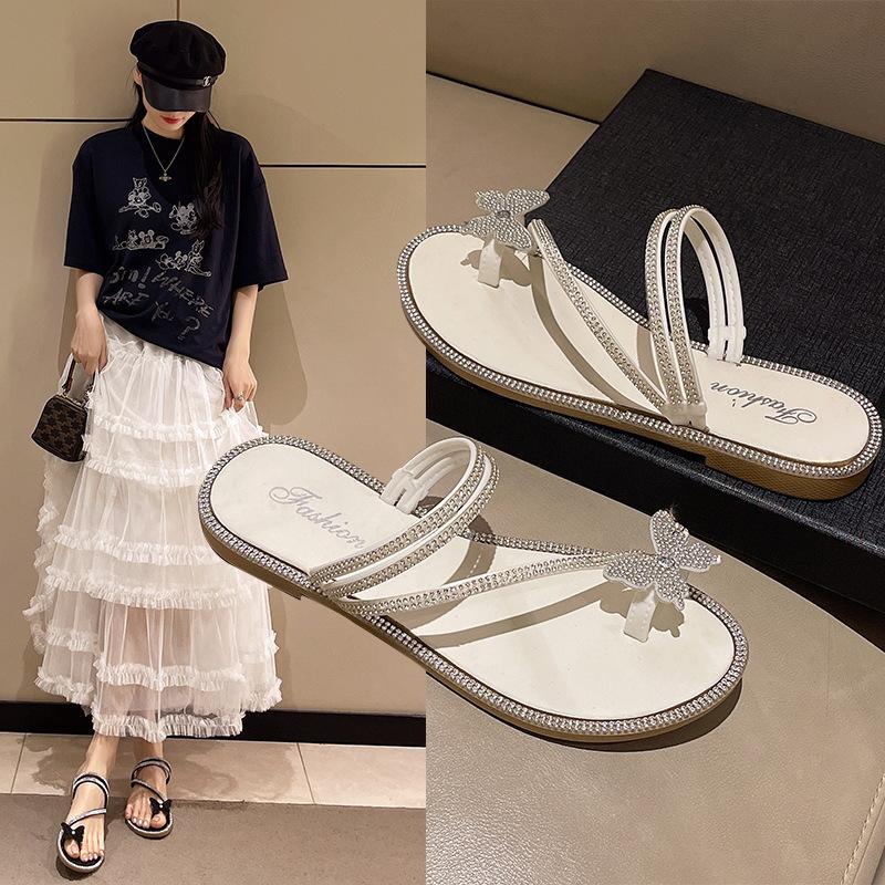 Bow-tie cool slippers women's outer wear summer new toe flat bottom fashion sandals