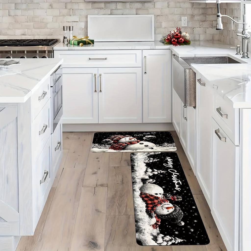 2 Stück Anti-Ermüdungs-Küchenteppiche Frohe Weihnachten Schneemann Wasserdicht Rutschfest Dick Gepolsterte Küchenmatte Hochbelastbare Komfort-Stehmatte für Küche